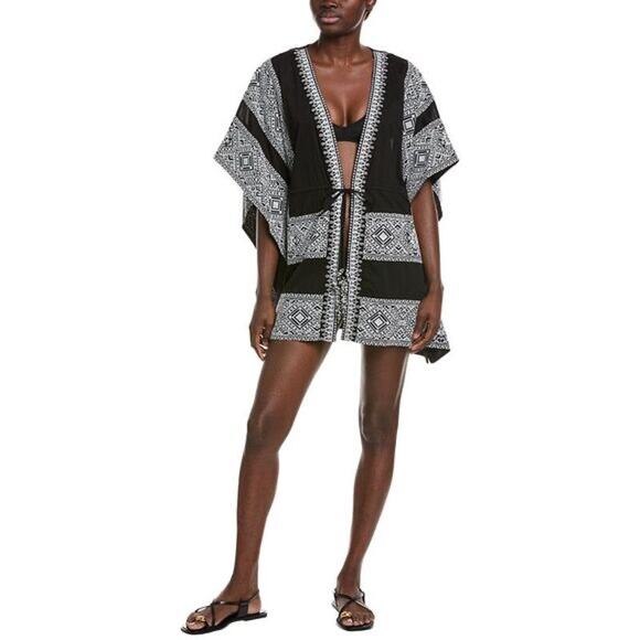 NWT RAMY BROOK Black White Tie Front Tassels Samira Mini Beachy Coverup Size XXS - Picture 1 of 11